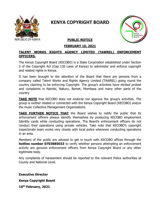 Talent Works and Rights Agency Limited (TAWREL) Enforcement Officers