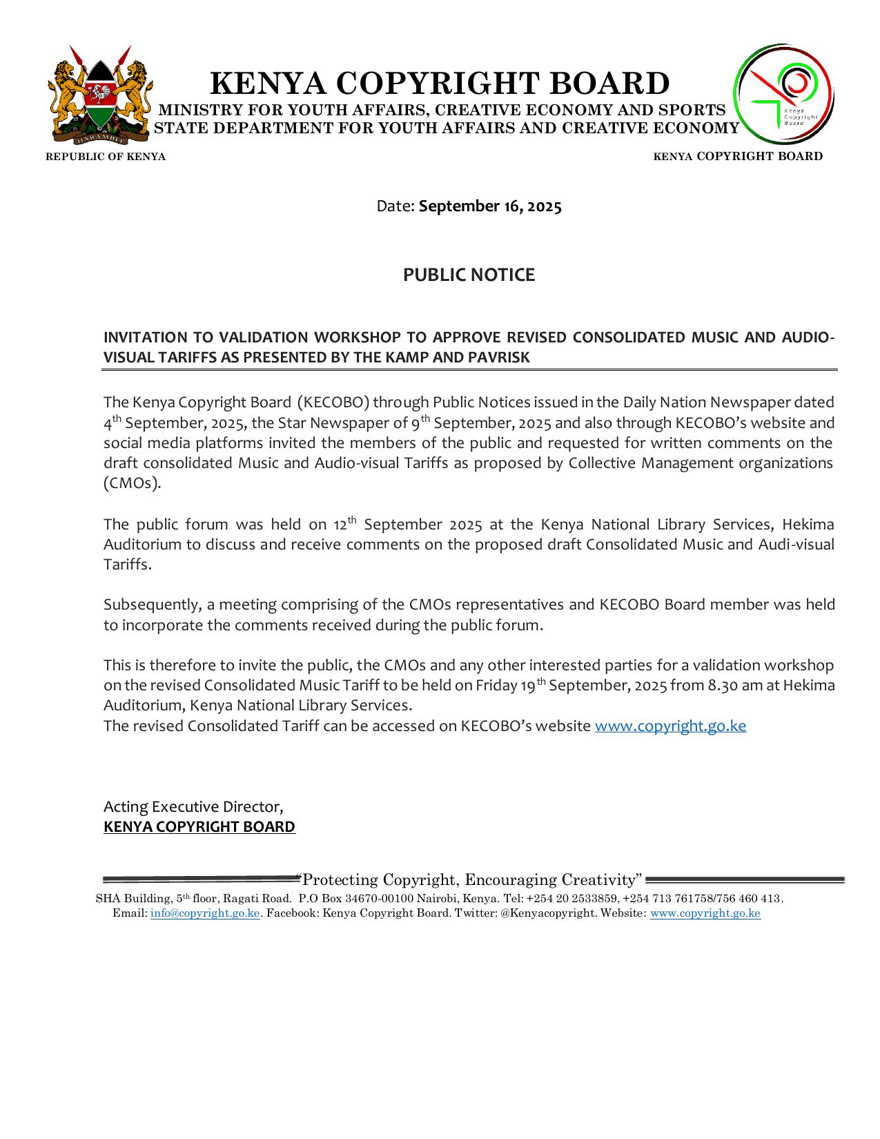 PUBLIC NOTICE ON VALIDATION OF REVISED CONSOLIDATED MUSIC AND AUDIO-VISUAL TARIFFS 